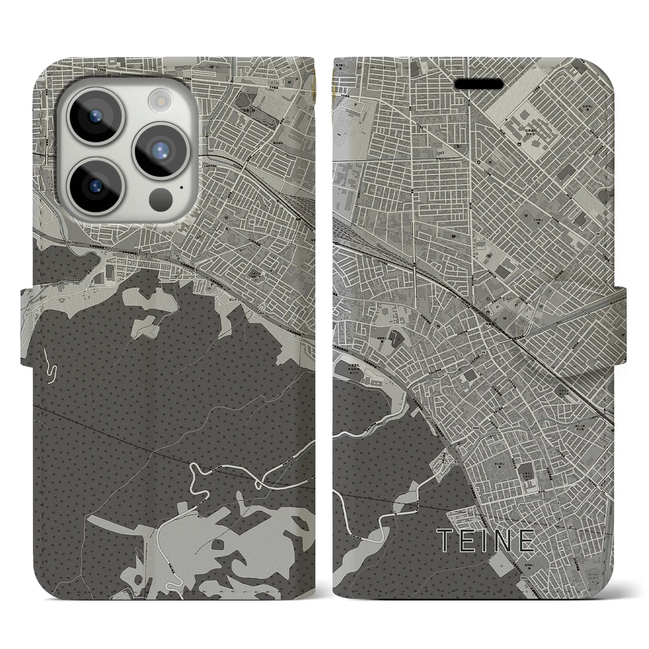 【手稲(北海道)】地図柄iPhoneケース(手帳タイプ)モノトーン・iPhone 15 Pro 用