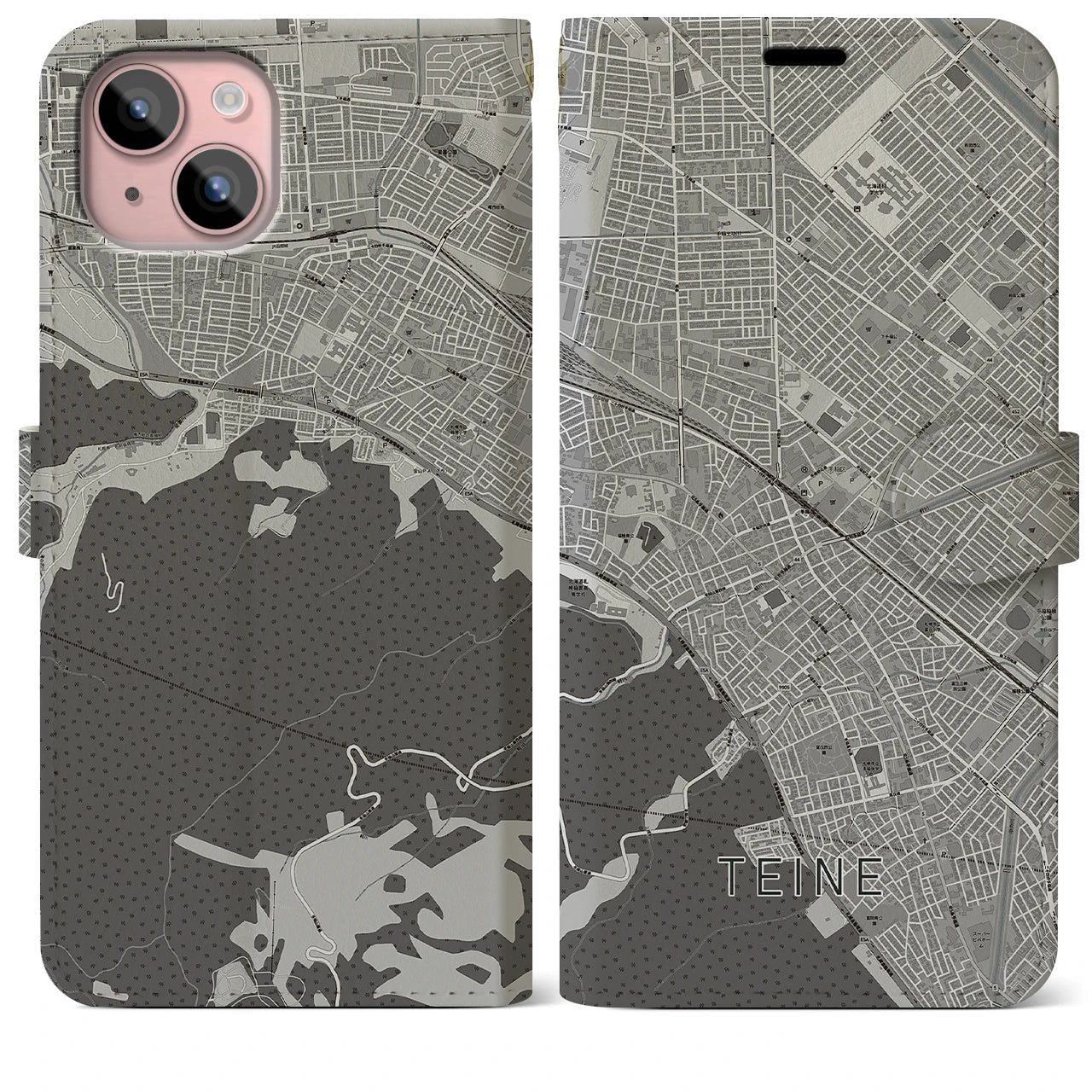 【手稲(北海道)】地図柄iPhoneケース(手帳タイプ)モノトーン・iPhone 15 Plus 用