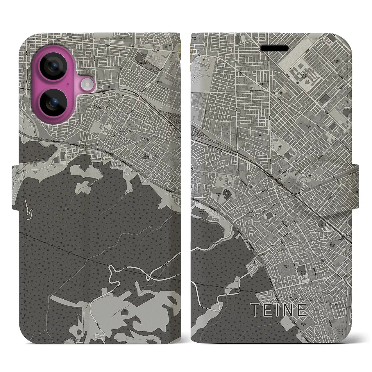 【手稲(北海道)】地図柄iPhoneケース(手帳タイプ)モノトーン・iPhone 16 Pro 用