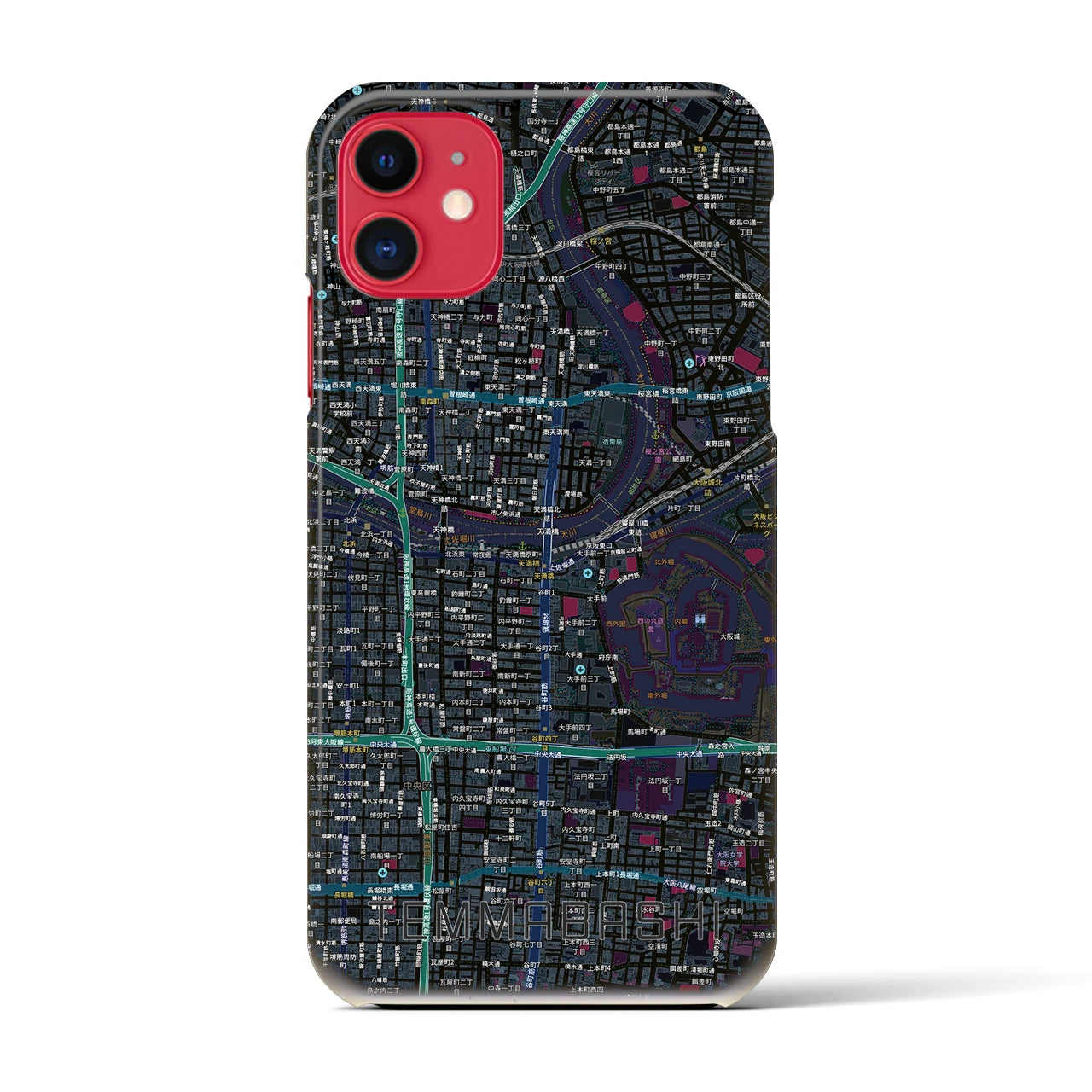 【天満橋(大阪府)】地図柄iPhoneケース(バックカバータイプ)ブラック・iPhone 11 用