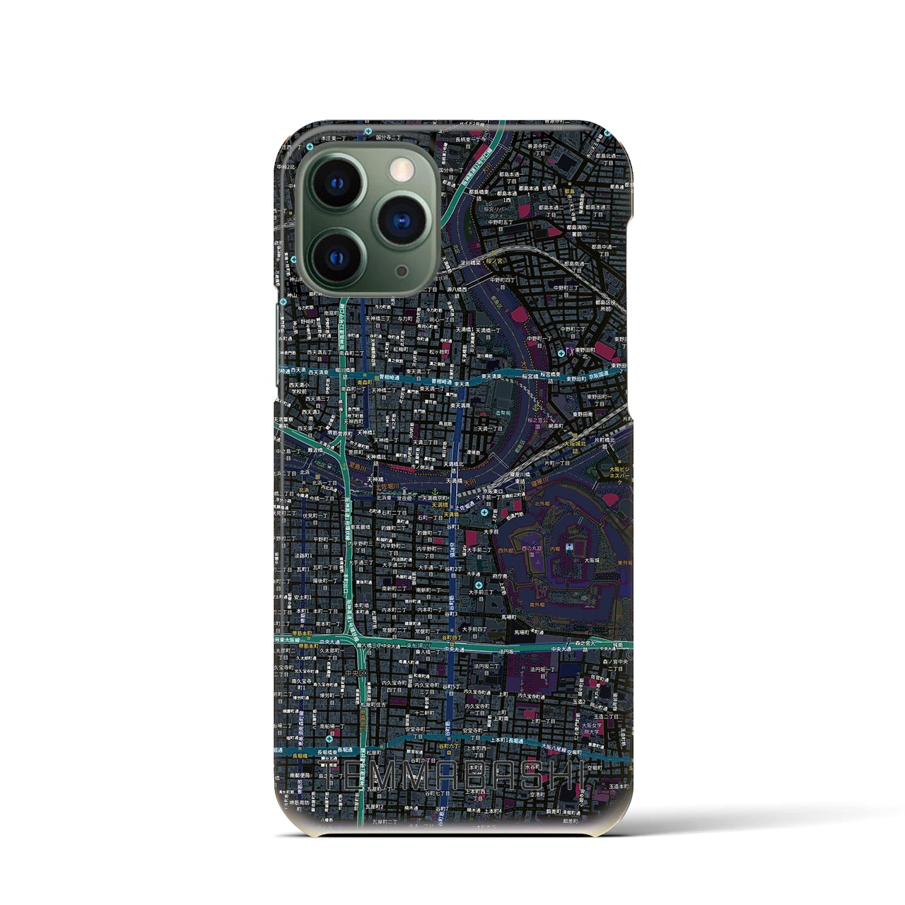 【天満橋(大阪府)】地図柄iPhoneケース(バックカバータイプ)ブラック・iPhone 11 Pro 用