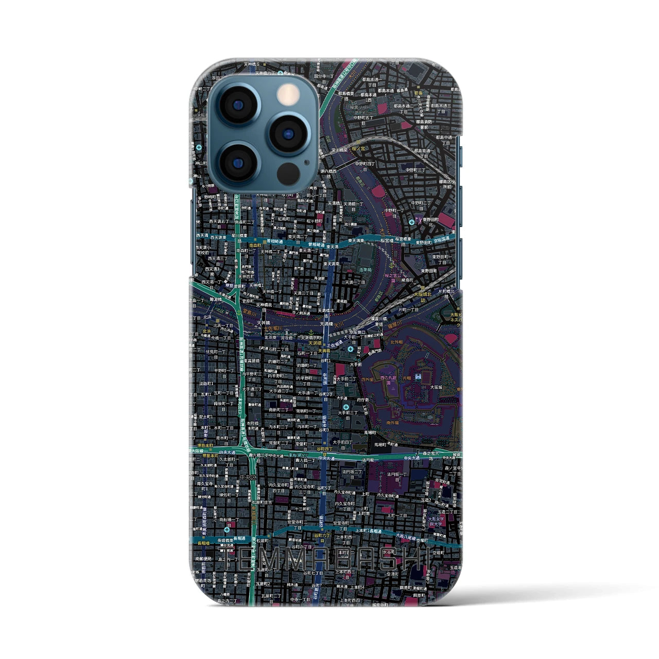 【天満橋(大阪府)】地図柄iPhoneケース(バックカバータイプ)ブラック・iPhone 12 / 12 Pro 用