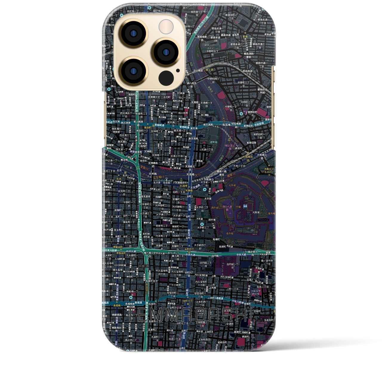 【天満橋(大阪府)】地図柄iPhoneケース(バックカバータイプ)ブラック・iPhone 12 Pro Max 用