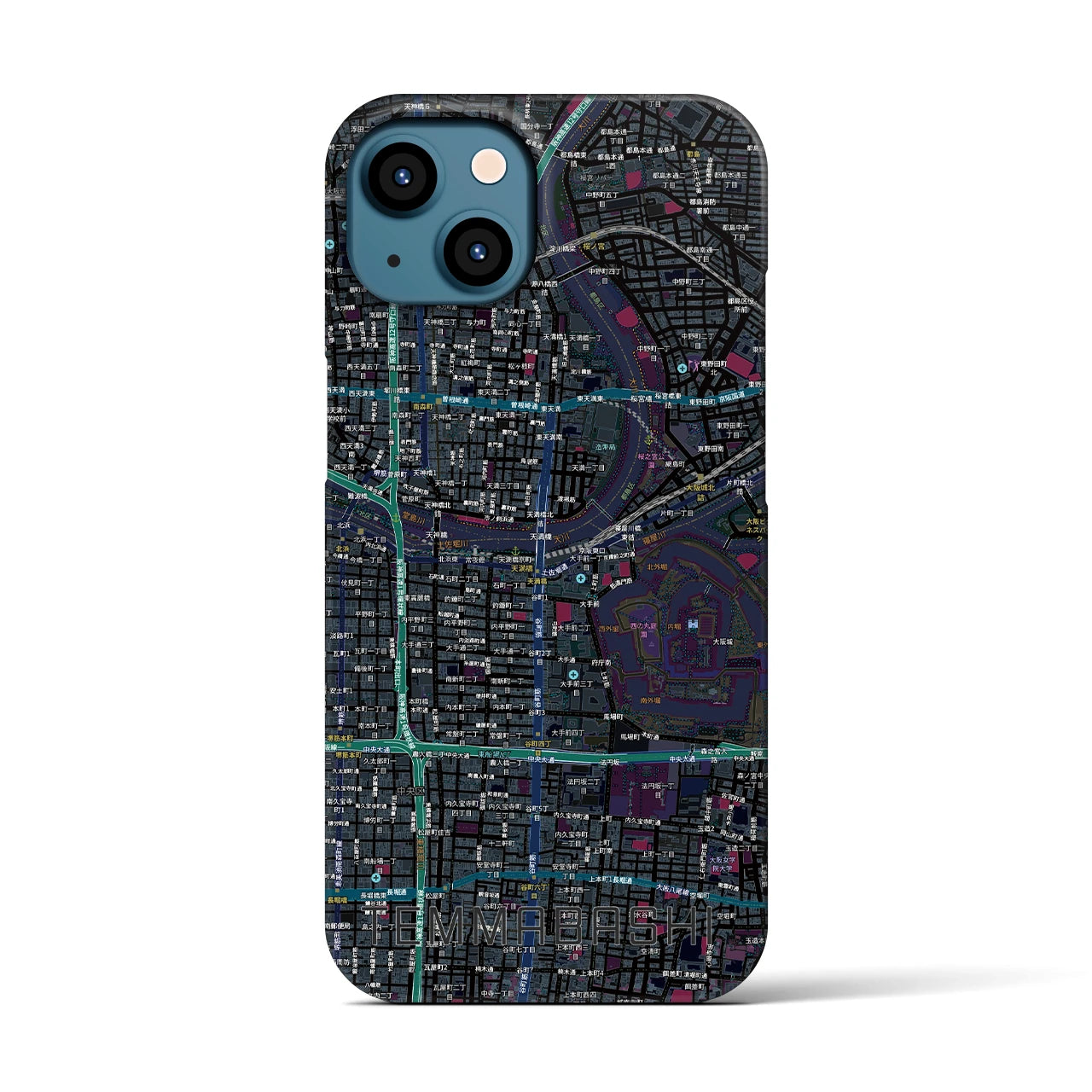 【天満橋(大阪府)】地図柄iPhoneケース(バックカバータイプ)ブラック・iPhone 13 用