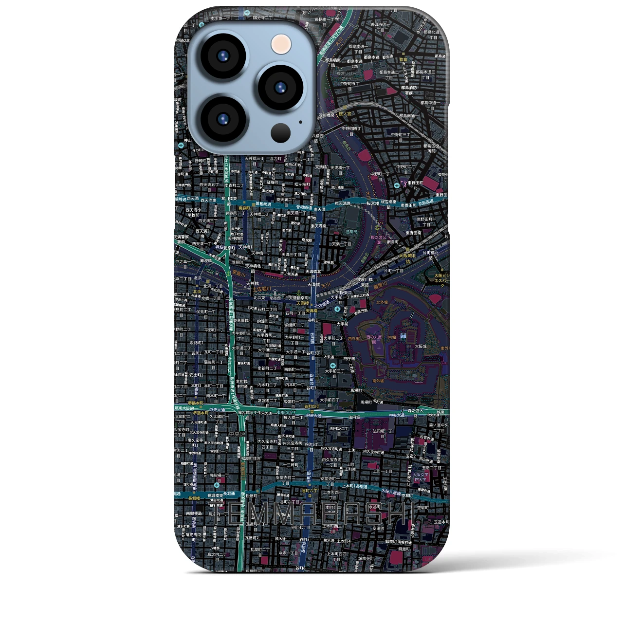 【天満橋(大阪府)】地図柄iPhoneケース(バックカバータイプ)ブラック・iPhone 13 Pro Max 用