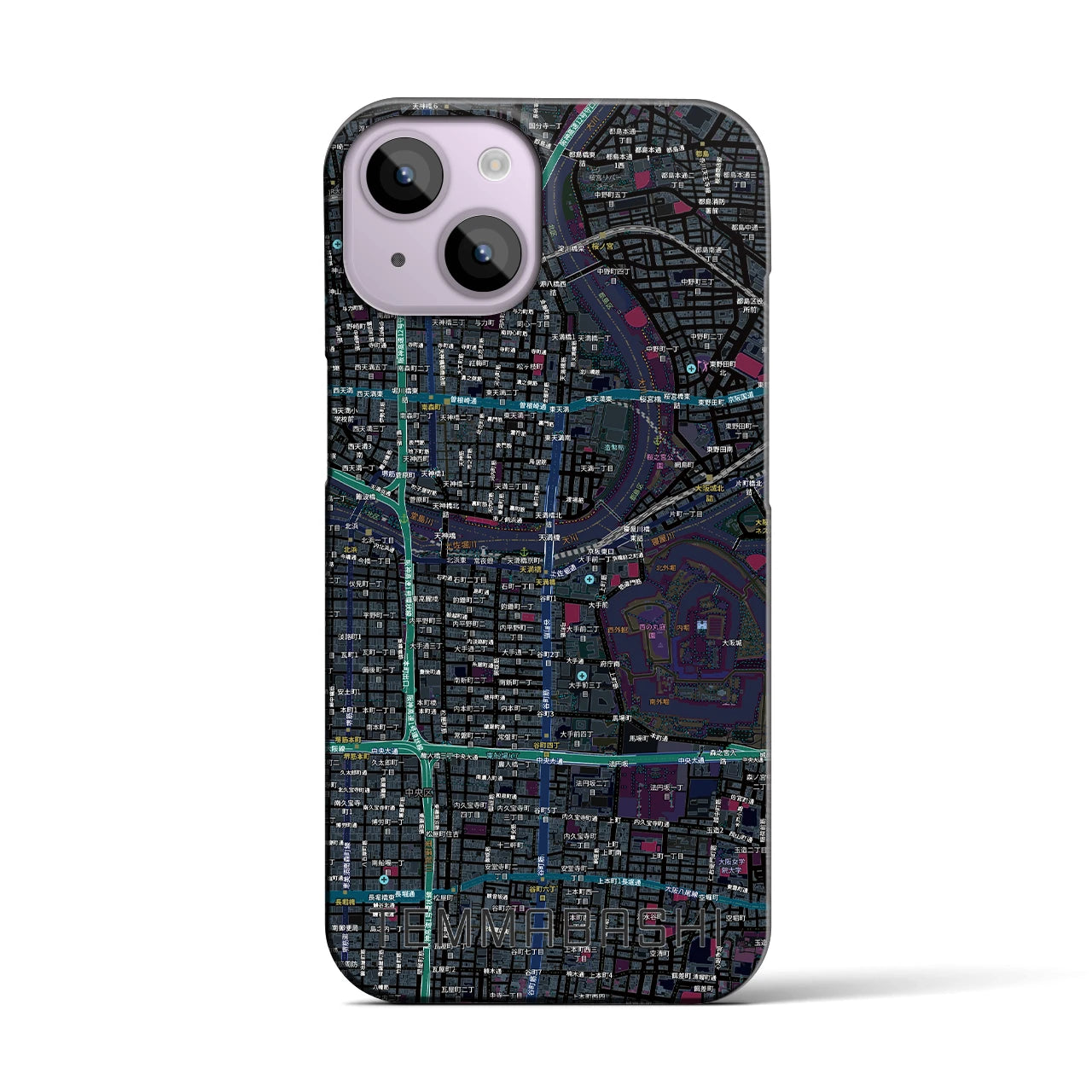 【天満橋(大阪府)】地図柄iPhoneケース(バックカバータイプ)ブラック・iPhone 14 用