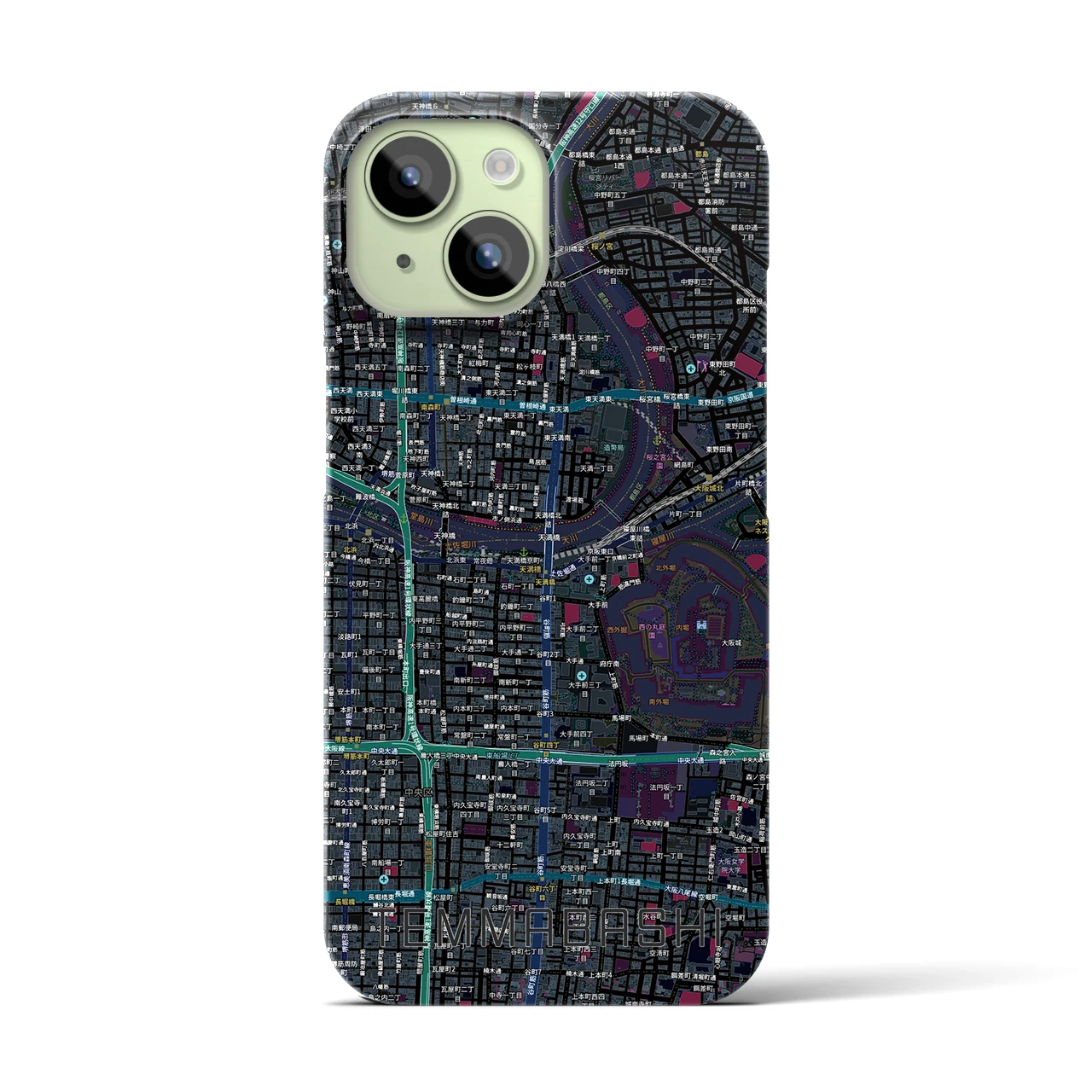 【天満橋(大阪府)】地図柄iPhoneケース(バックカバータイプ)ブラック・iPhone 15 用