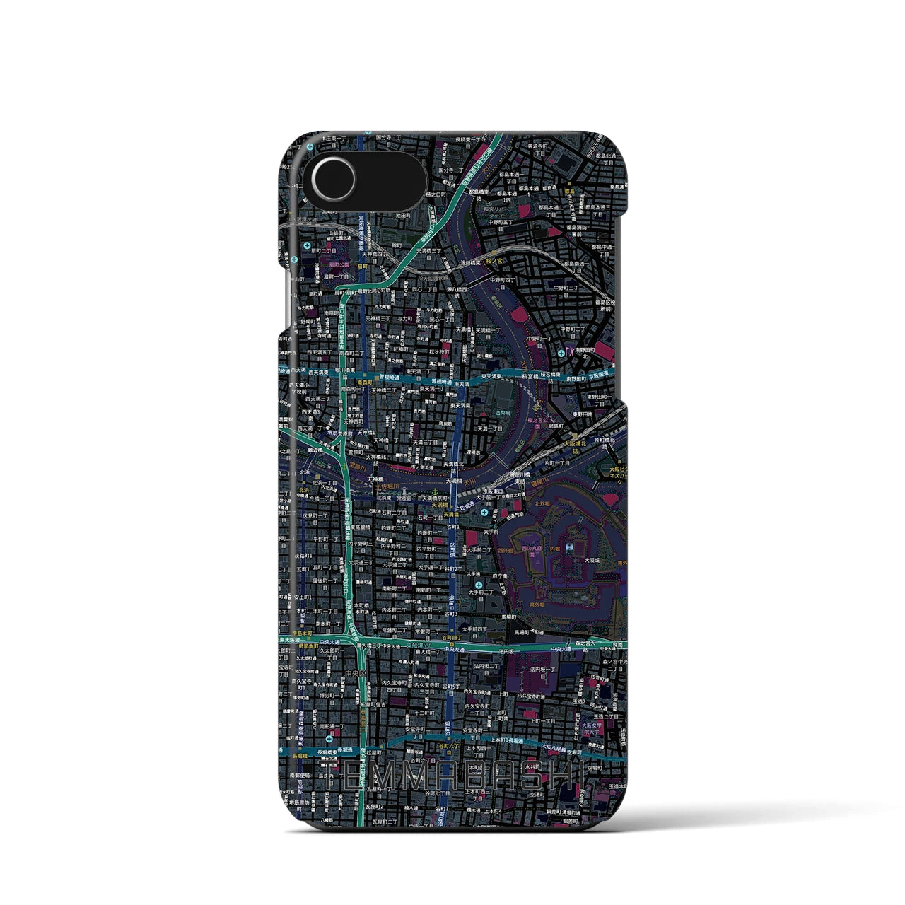 【天満橋(大阪府)】地図柄iPhoneケース(バックカバータイプ)ブラック・iPhone SE(第3 / 第2世代) / 8 / 7 / 6s / 6 用
