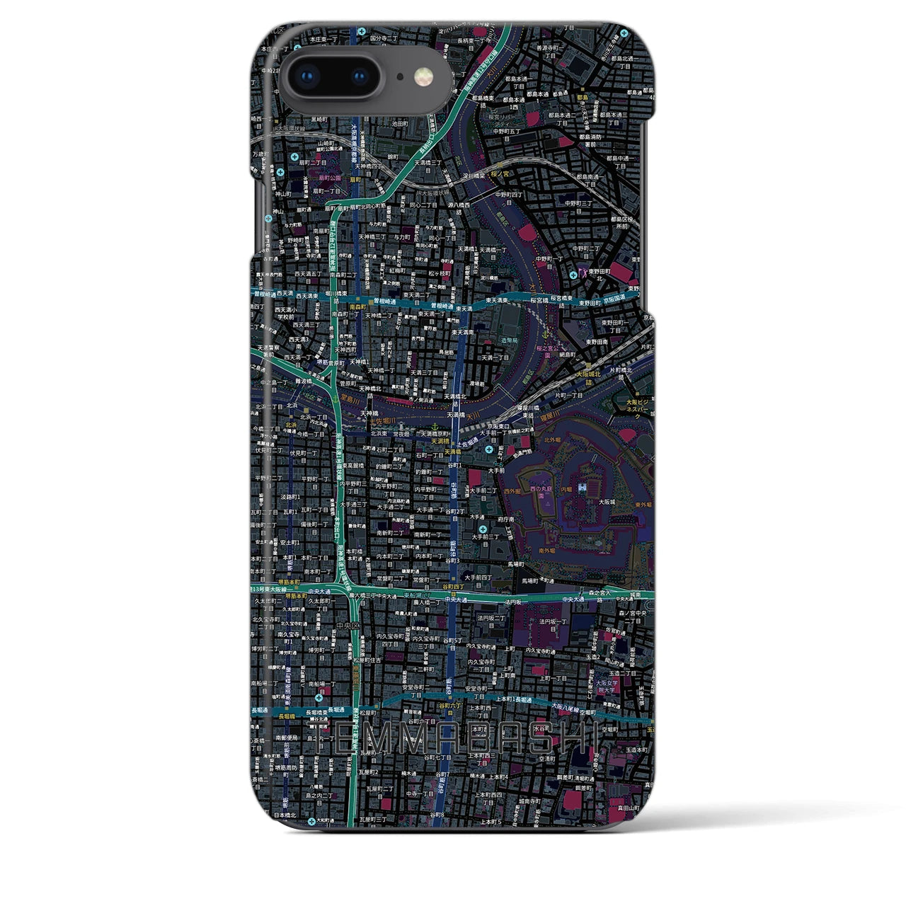 【天満橋(大阪府)】地図柄iPhoneケース(バックカバータイプ)ブラック・iPhone 8Plus /7Plus / 6sPlus / 6Plus 用