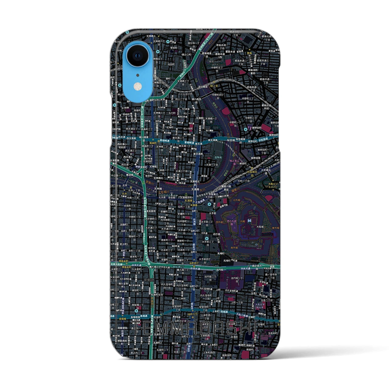 【天満橋(大阪府)】地図柄iPhoneケース(バックカバータイプ)ブラック・iPhone XR 用