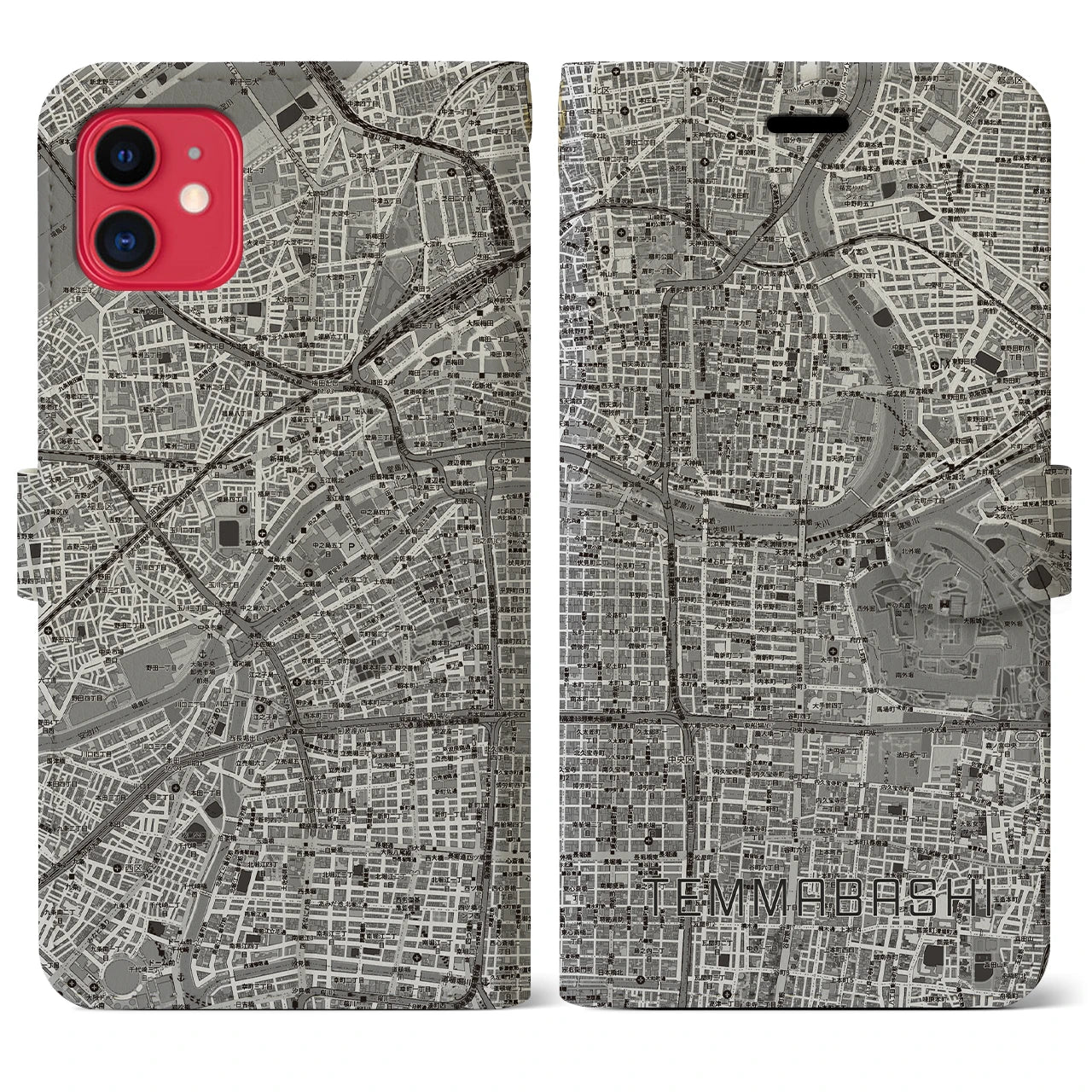 【天満橋(大阪府)】地図柄iPhoneケース(手帳タイプ)モノトーン・iPhone 11 用