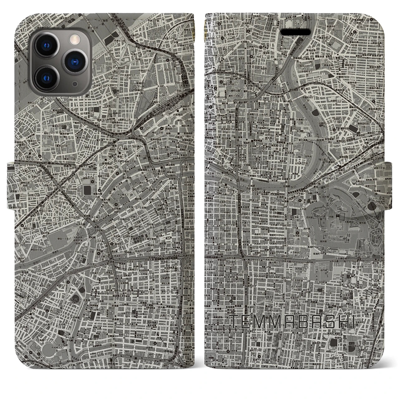 【天満橋(大阪府)】地図柄iPhoneケース(手帳タイプ)モノトーン・iPhone 11 Pro Max 用