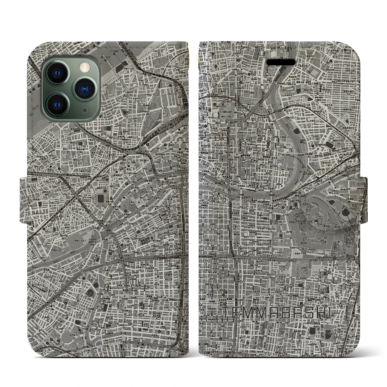 【天満橋(大阪府)】地図柄iPhoneケース(手帳タイプ)モノトーン・iPhone 11 Pro 用