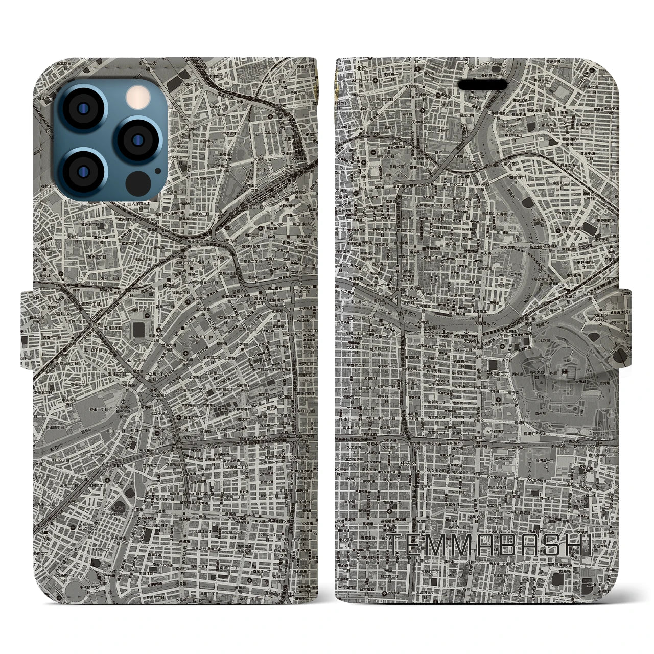 【天満橋(大阪府)】地図柄iPhoneケース(手帳タイプ)モノトーン・iPhone 12 / 12 Pro 用