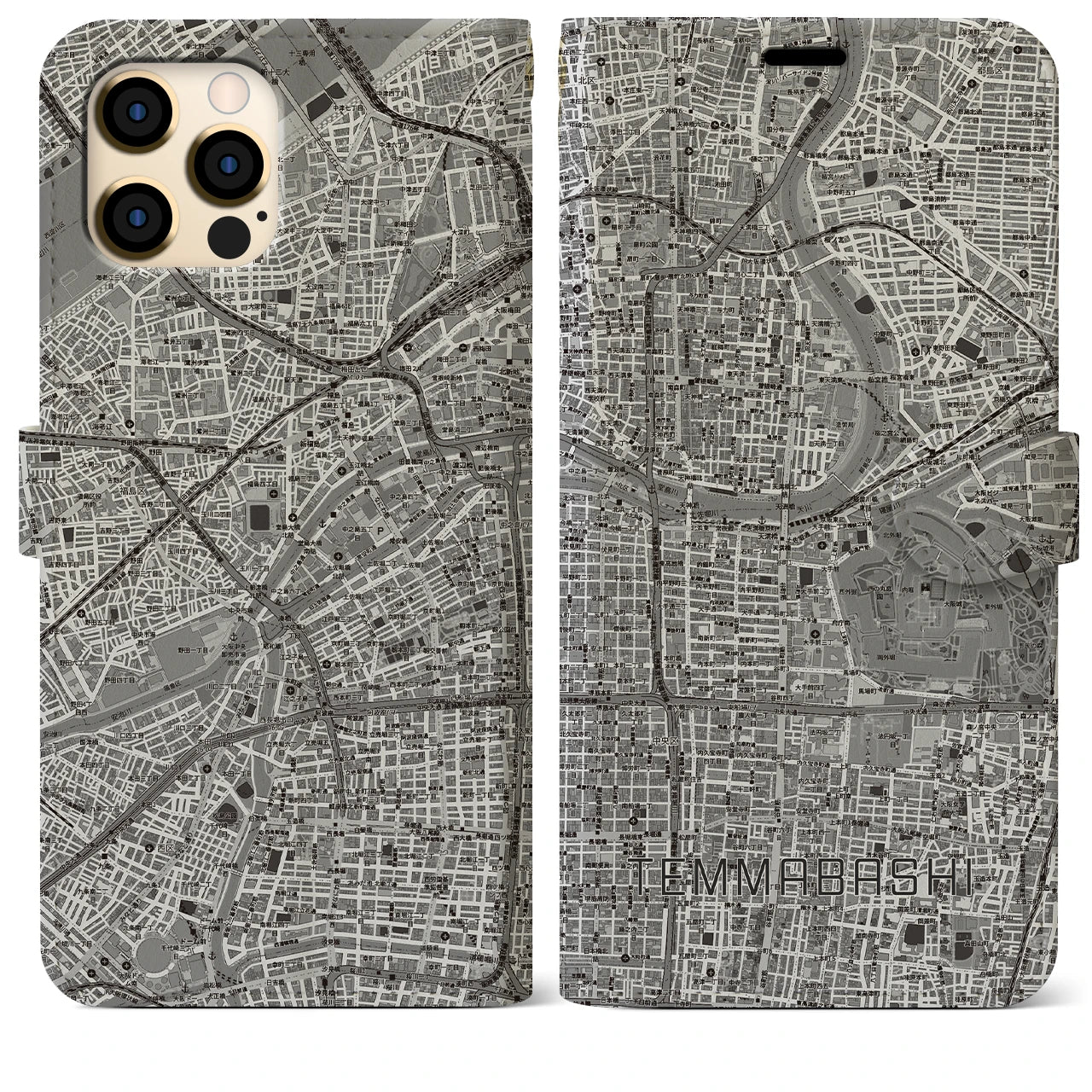 【天満橋(大阪府)】地図柄iPhoneケース(手帳タイプ)モノトーン・iPhone 12 Pro Max 用
