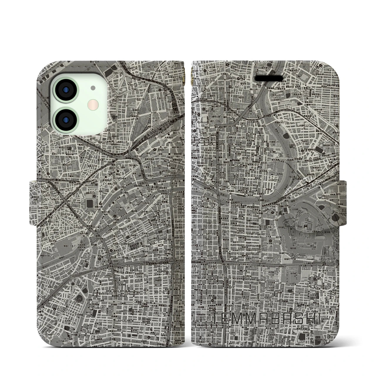 【天満橋(大阪府)】地図柄iPhoneケース(手帳タイプ)モノトーン・iPhone 12 mini 用