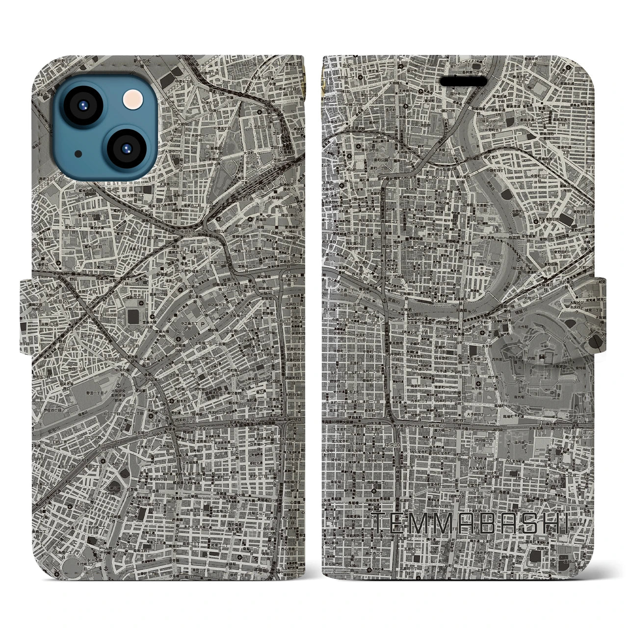 【天満橋(大阪府)】地図柄iPhoneケース(手帳タイプ)モノトーン・iPhone 13 用