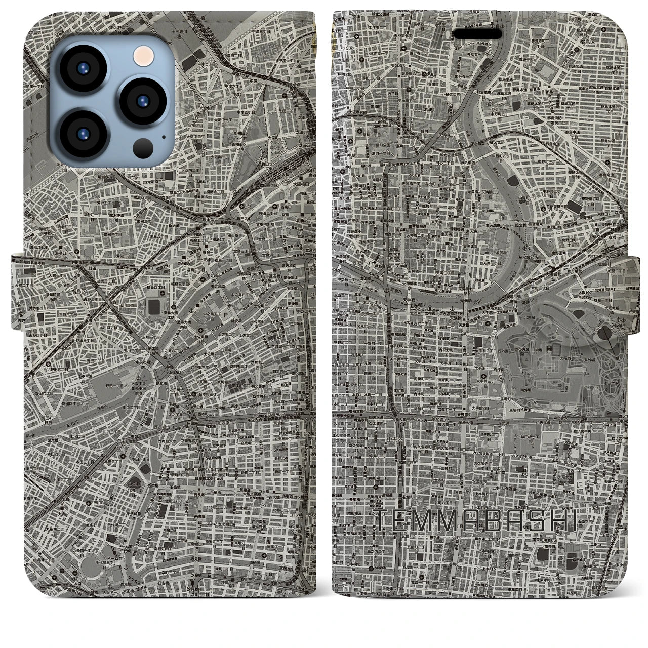【天満橋(大阪府)】地図柄iPhoneケース(手帳タイプ)モノトーン・iPhone 13 Pro Max 用
