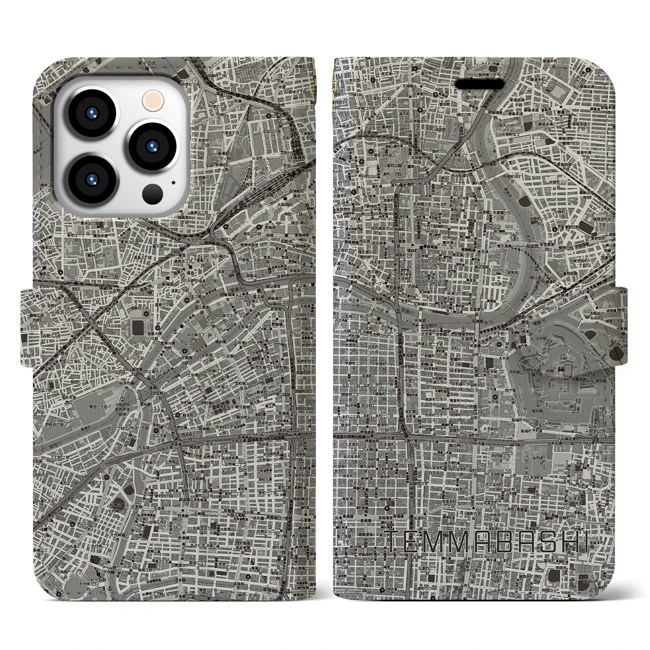 【天満橋(大阪府)】地図柄iPhoneケース(手帳タイプ)モノトーン・iPhone 13 Pro 用