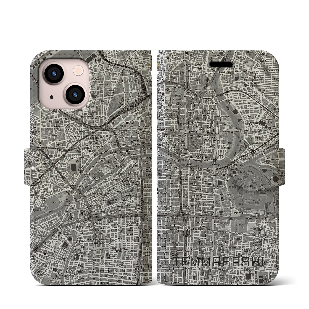 【天満橋(大阪府)】地図柄iPhoneケース(手帳タイプ)モノトーン・iPhone 13 mini 用