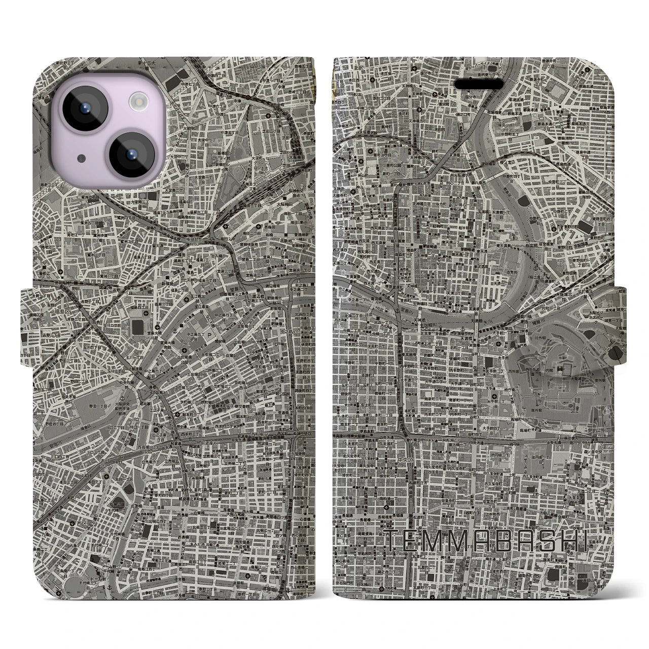 【天満橋(大阪府)】地図柄iPhoneケース(手帳タイプ)モノトーン・iPhone 14 用