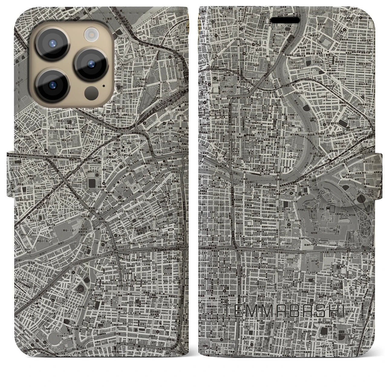 【天満橋(大阪府)】地図柄iPhoneケース(手帳タイプ)モノトーン・iPhone 14 Pro Max 用