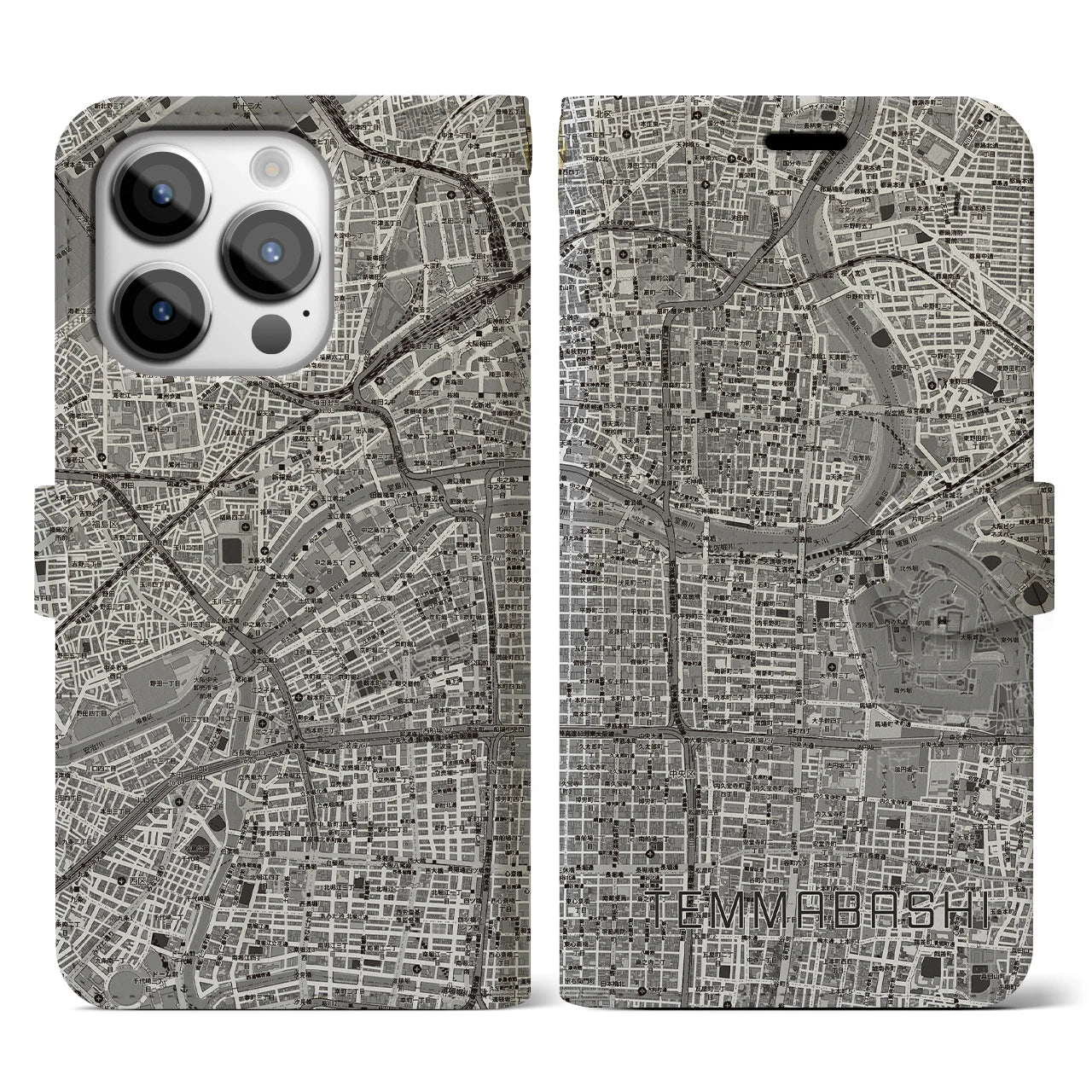 【天満橋(大阪府)】地図柄iPhoneケース(手帳タイプ)モノトーン・iPhone 14 Pro 用