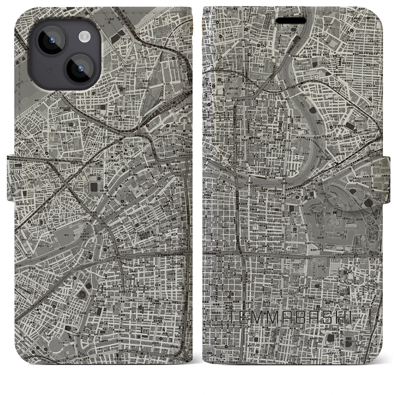 【天満橋(大阪府)】地図柄iPhoneケース(手帳タイプ)モノトーン・iPhone 14 Plus 用