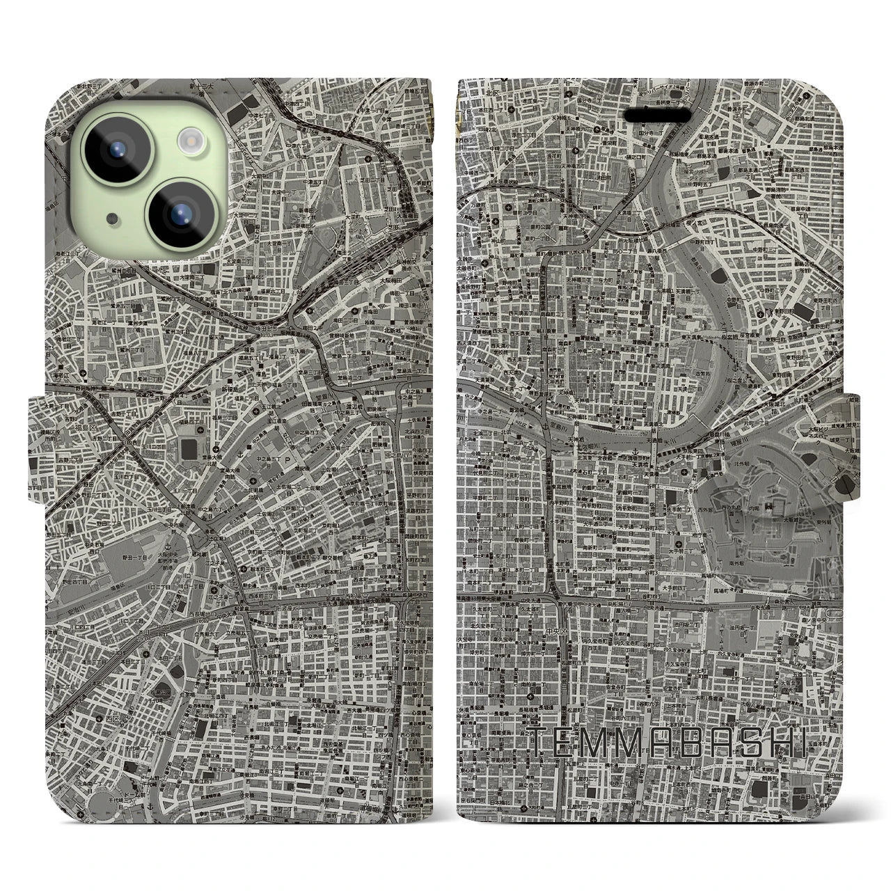 【天満橋(大阪府)】地図柄iPhoneケース(手帳タイプ)モノトーン・iPhone 15 用