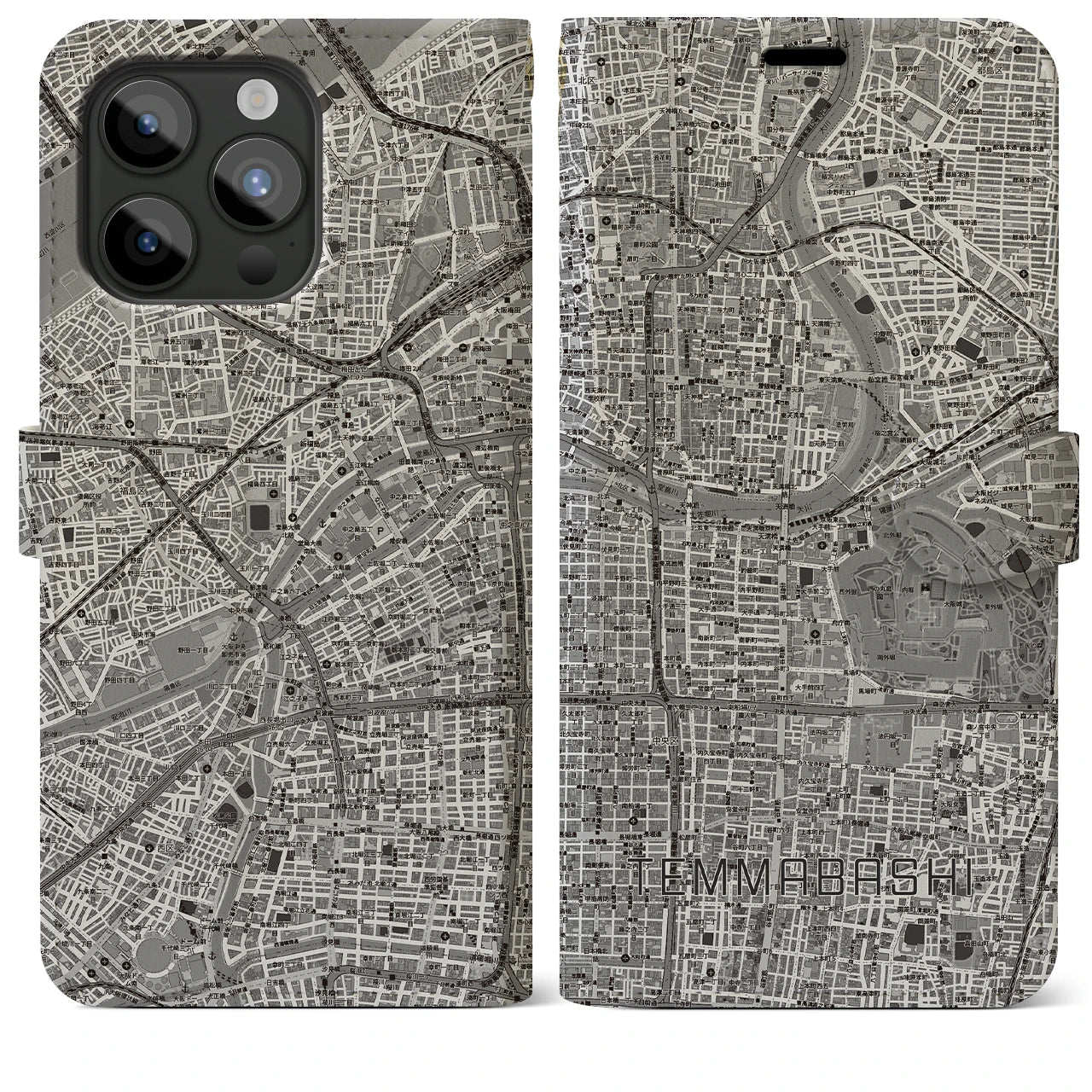 【天満橋(大阪府)】地図柄iPhoneケース(手帳タイプ)モノトーン・iPhone 15 Pro Max 用