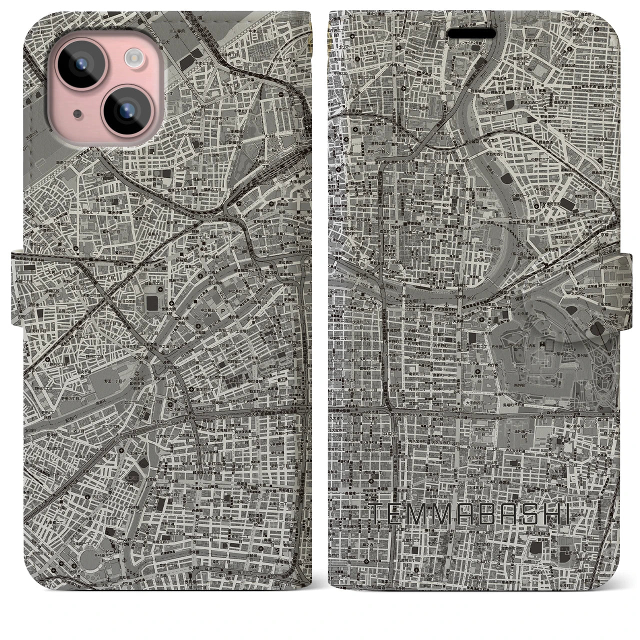 【天満橋(大阪府)】地図柄iPhoneケース(手帳タイプ)モノトーン・iPhone 15 Plus 用