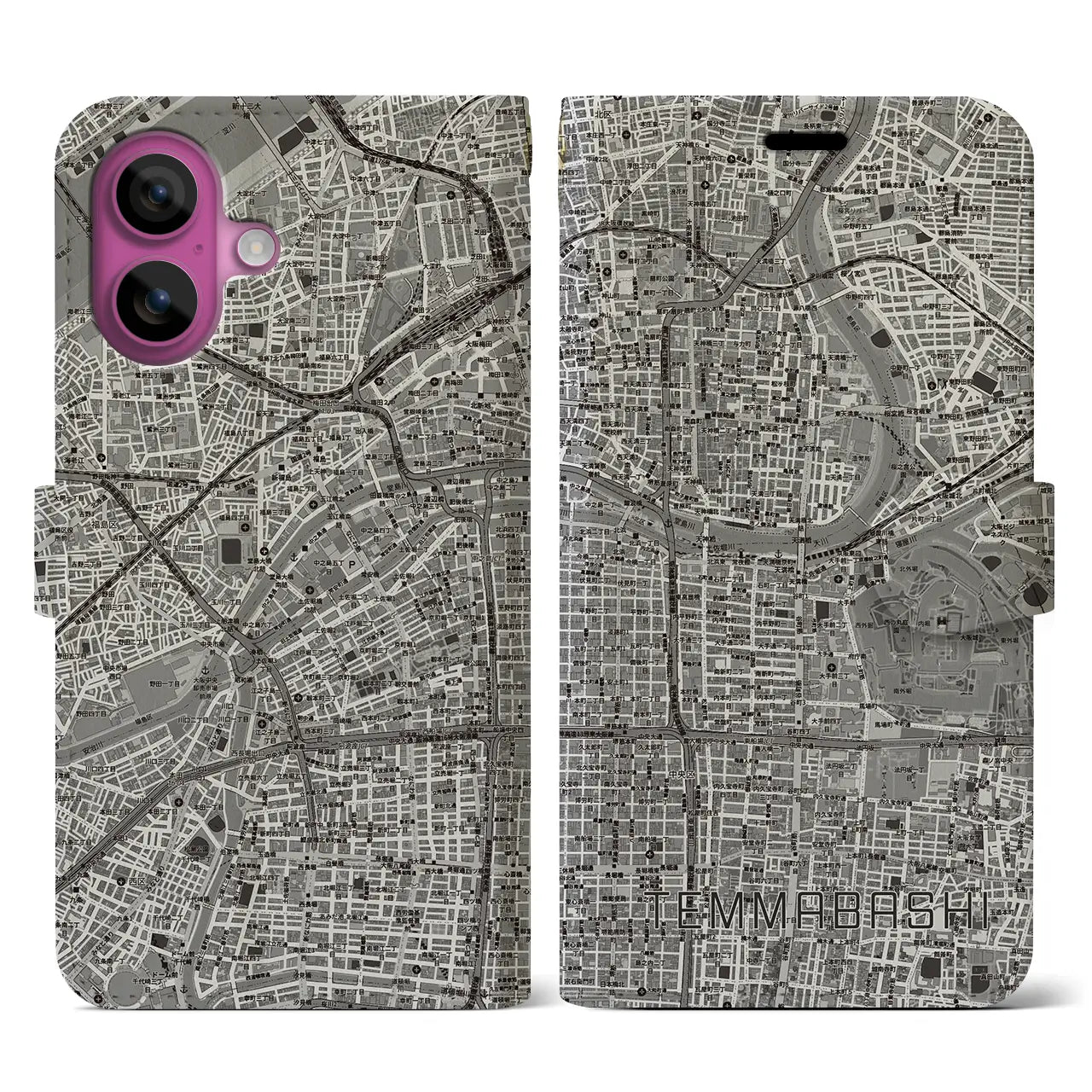 【天満橋(大阪府)】地図柄iPhoneケース(手帳タイプ)モノトーン・iPhone 16 Pro 用