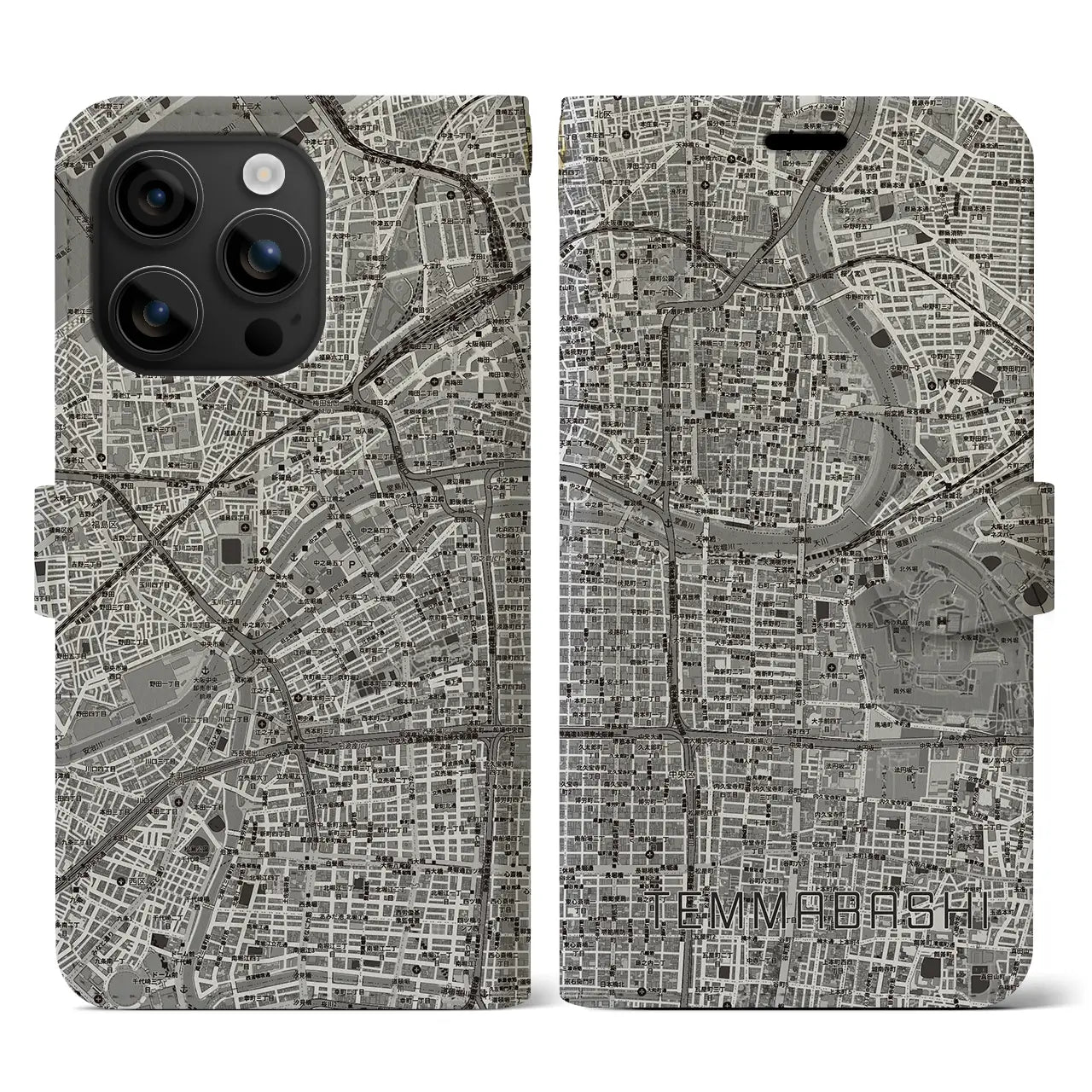 【天満橋(大阪府)】地図柄iPhoneケース(手帳タイプ)モノトーン・iPhone 16 用