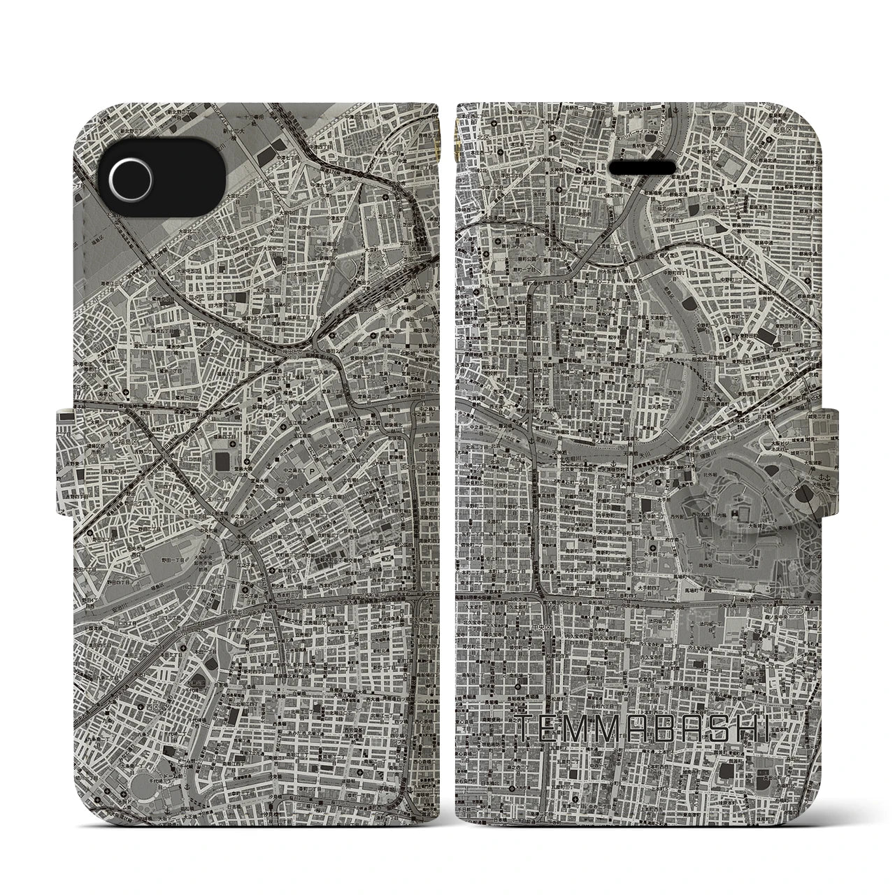 【天満橋(大阪府)】地図柄iPhoneケース(手帳タイプ)モノトーン・iPhone SE(第3 / 第2世代) / 8 / 7 / 6s / 6 用