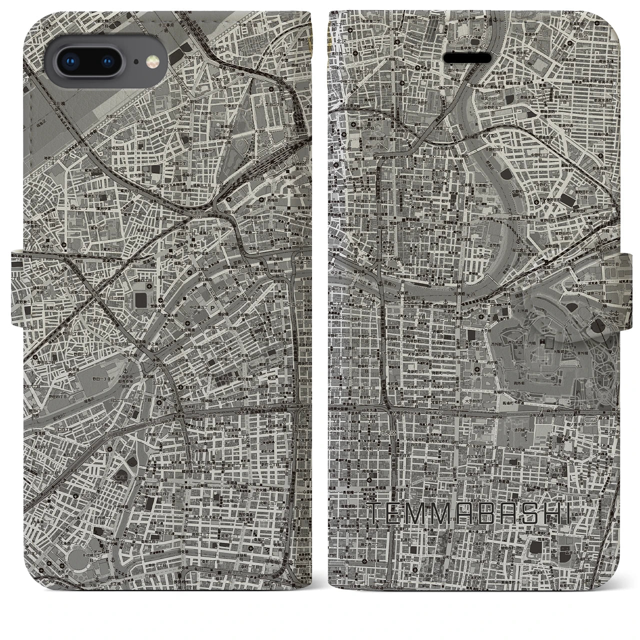 【天満橋(大阪府)】地図柄iPhoneケース(手帳タイプ)モノトーン・iPhone 8Plus /7Plus / 6sPlus / 6Plus 用
