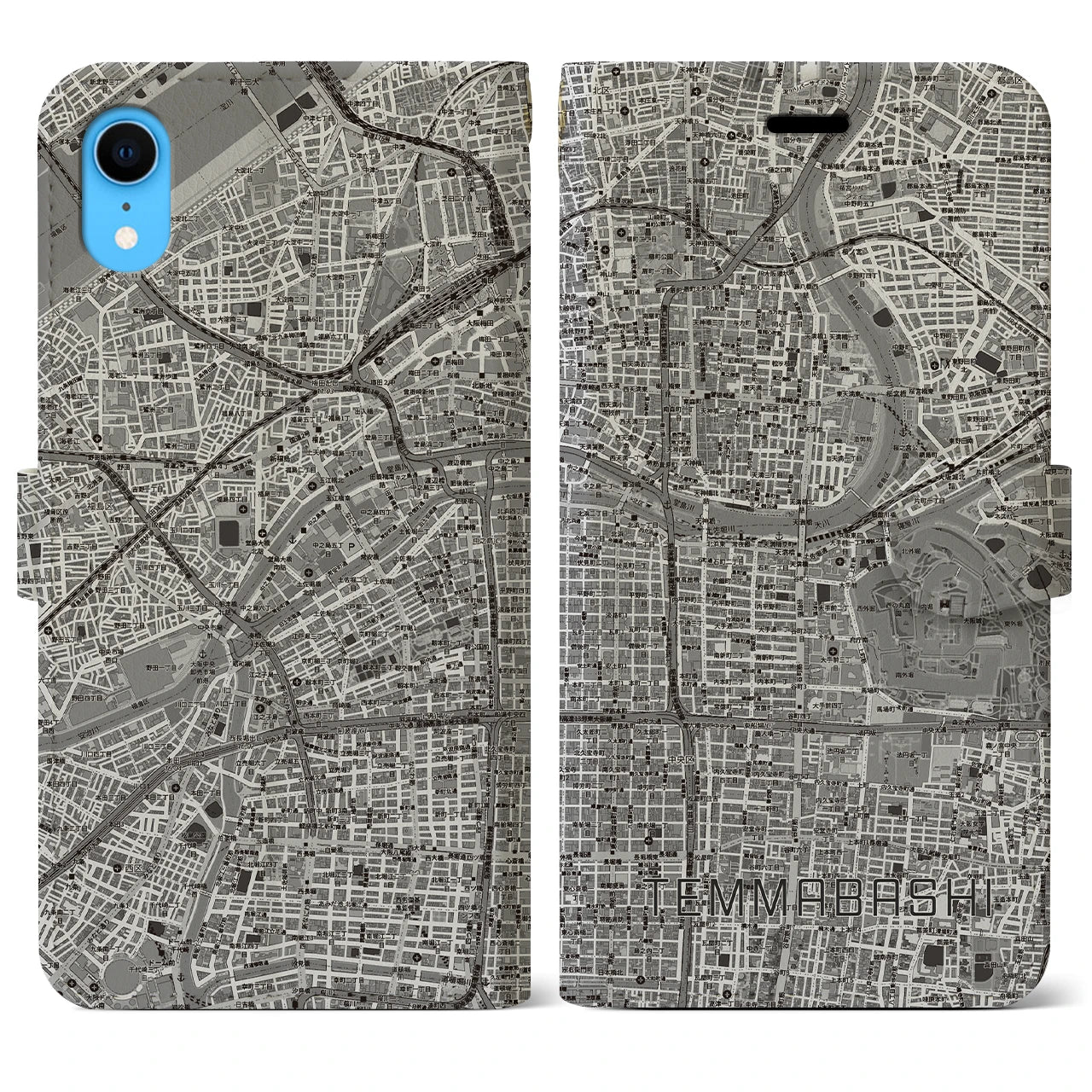 【天満橋(大阪府)】地図柄iPhoneケース(手帳タイプ)モノトーン・iPhone XR 用