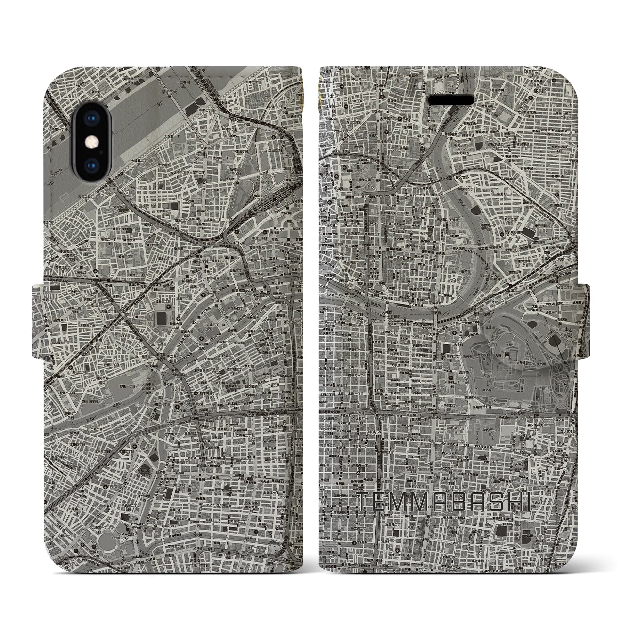 【天満橋(大阪府)】地図柄iPhoneケース(手帳タイプ)モノトーン・iPhone XS / X 用