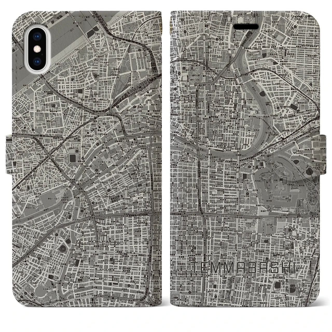 【天満橋(大阪府)】地図柄iPhoneケース(手帳タイプ)モノトーン・iPhone XS Max 用