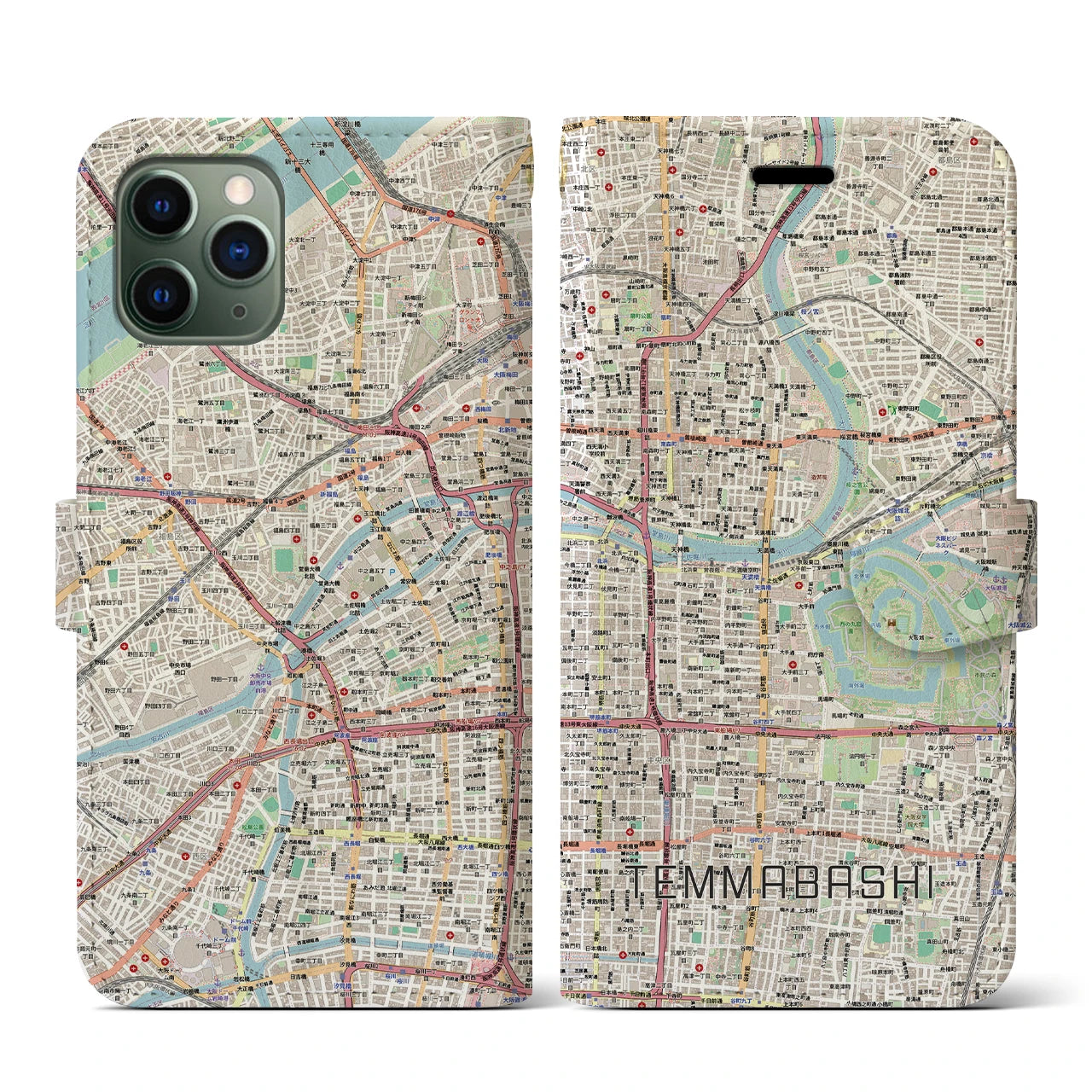 【天満橋(大阪府)】地図柄iPhoneケース(手帳タイプ)ナチュラル・iPhone 11 Pro 用