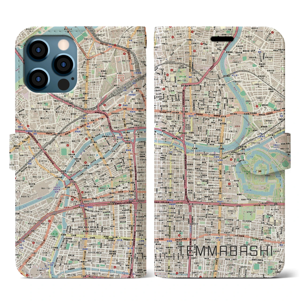 【天満橋(大阪府)】地図柄iPhoneケース(手帳タイプ)ナチュラル・iPhone 12 / 12 Pro 用