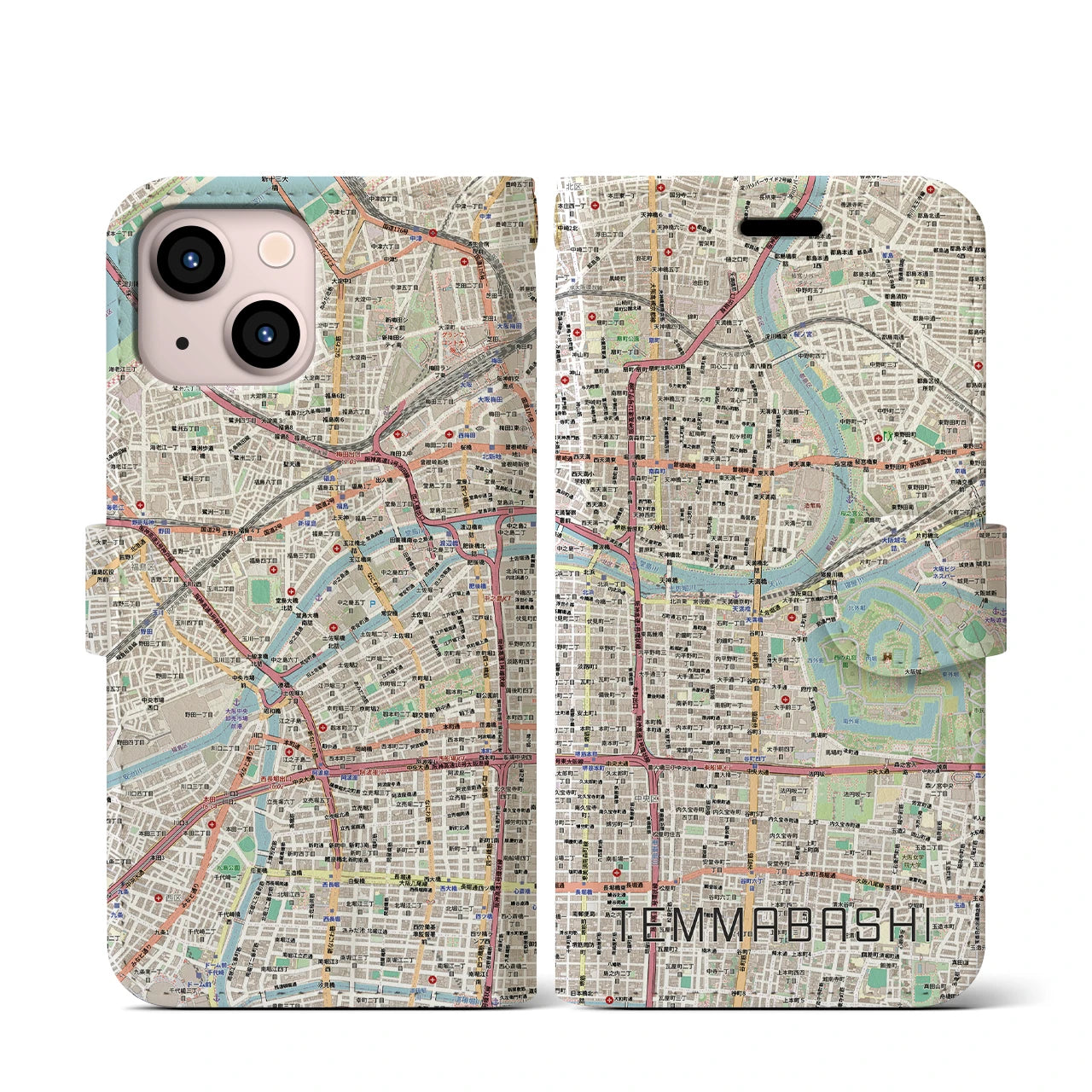 【天満橋(大阪府)】地図柄iPhoneケース(手帳タイプ)ナチュラル・iPhone 13 mini 用