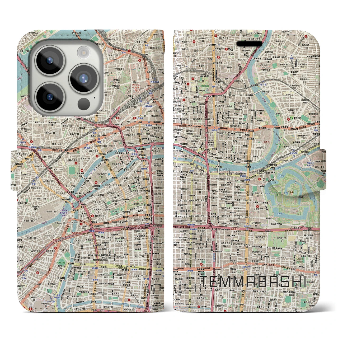 【天満橋(大阪府)】地図柄iPhoneケース(手帳タイプ)ナチュラル・iPhone 15 Pro 用