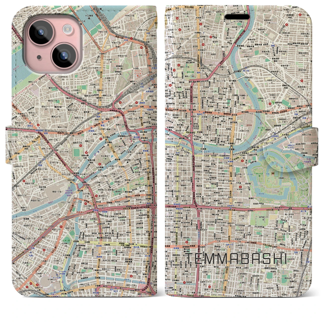 【天満橋(大阪府)】地図柄iPhoneケース(手帳タイプ)ナチュラル・iPhone 15 Plus 用