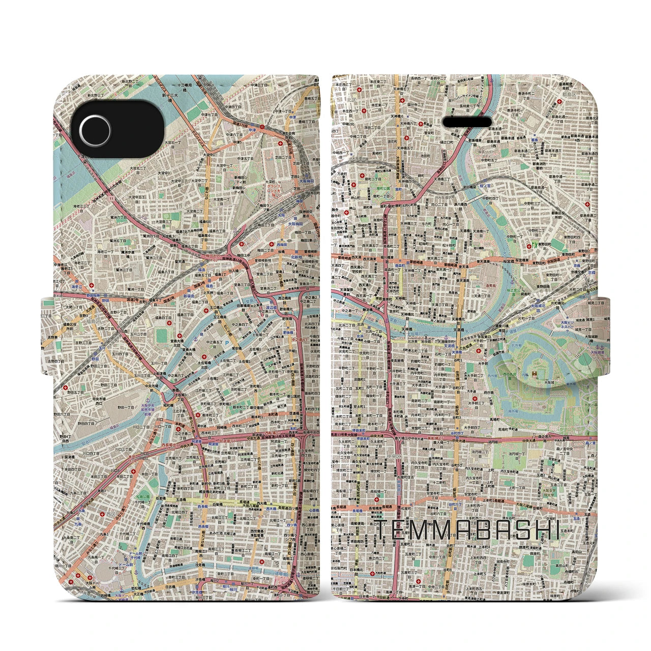 【天満橋(大阪府)】地図柄iPhoneケース(手帳タイプ)ナチュラル・iPhone SE(第3 / 第2世代) / 8 / 7 / 6s / 6 用