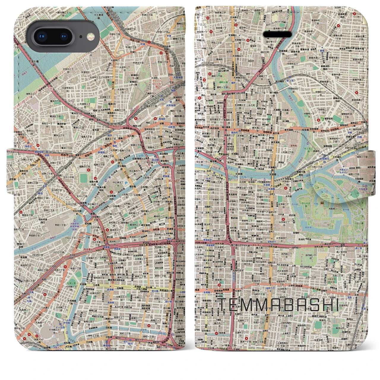 【天満橋(大阪府)】地図柄iPhoneケース(手帳タイプ)ナチュラル・iPhone 8Plus /7Plus / 6sPlus / 6Plus 用