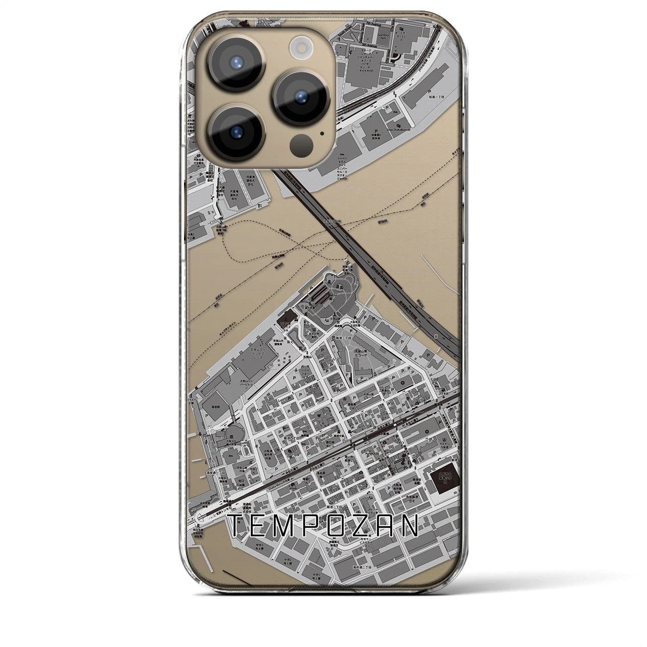 【天保山(大阪府)】地図柄iPhoneケース(クリアタイプ)モノトーン・iPhone 14 Pro Max 用