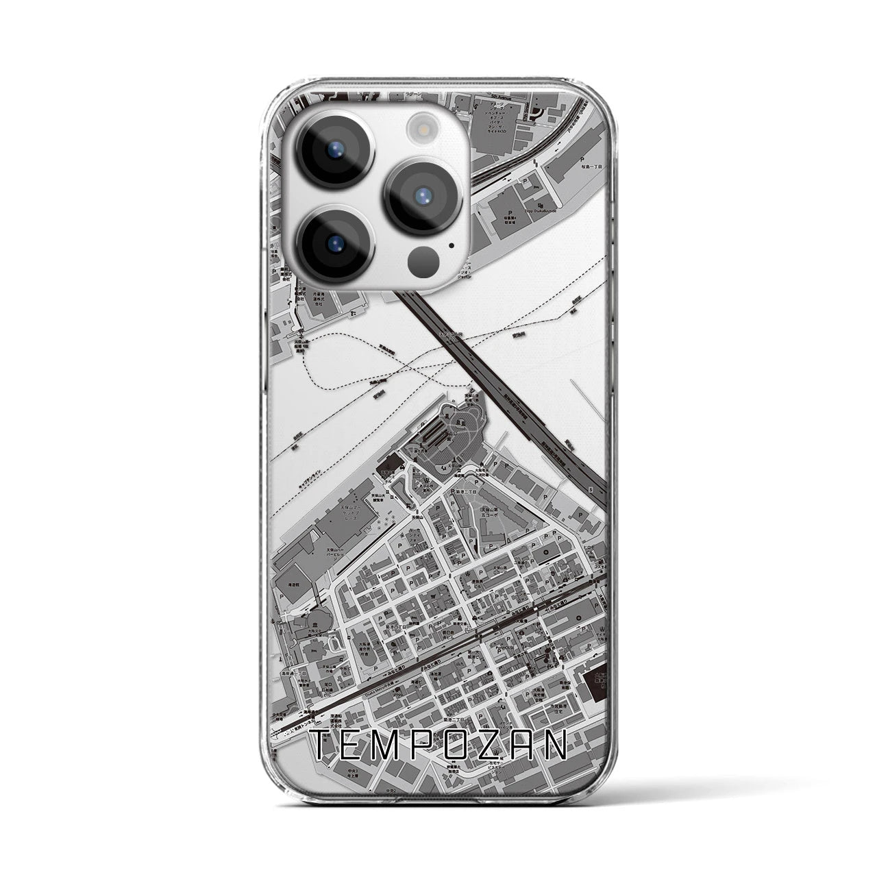 【天保山(大阪府)】地図柄iPhoneケース(クリアタイプ)モノトーン・iPhone 14 Pro 用