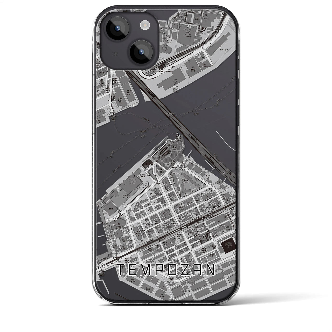 【天保山(大阪府)】地図柄iPhoneケース(クリアタイプ)モノトーン・iPhone 14 Plus 用
