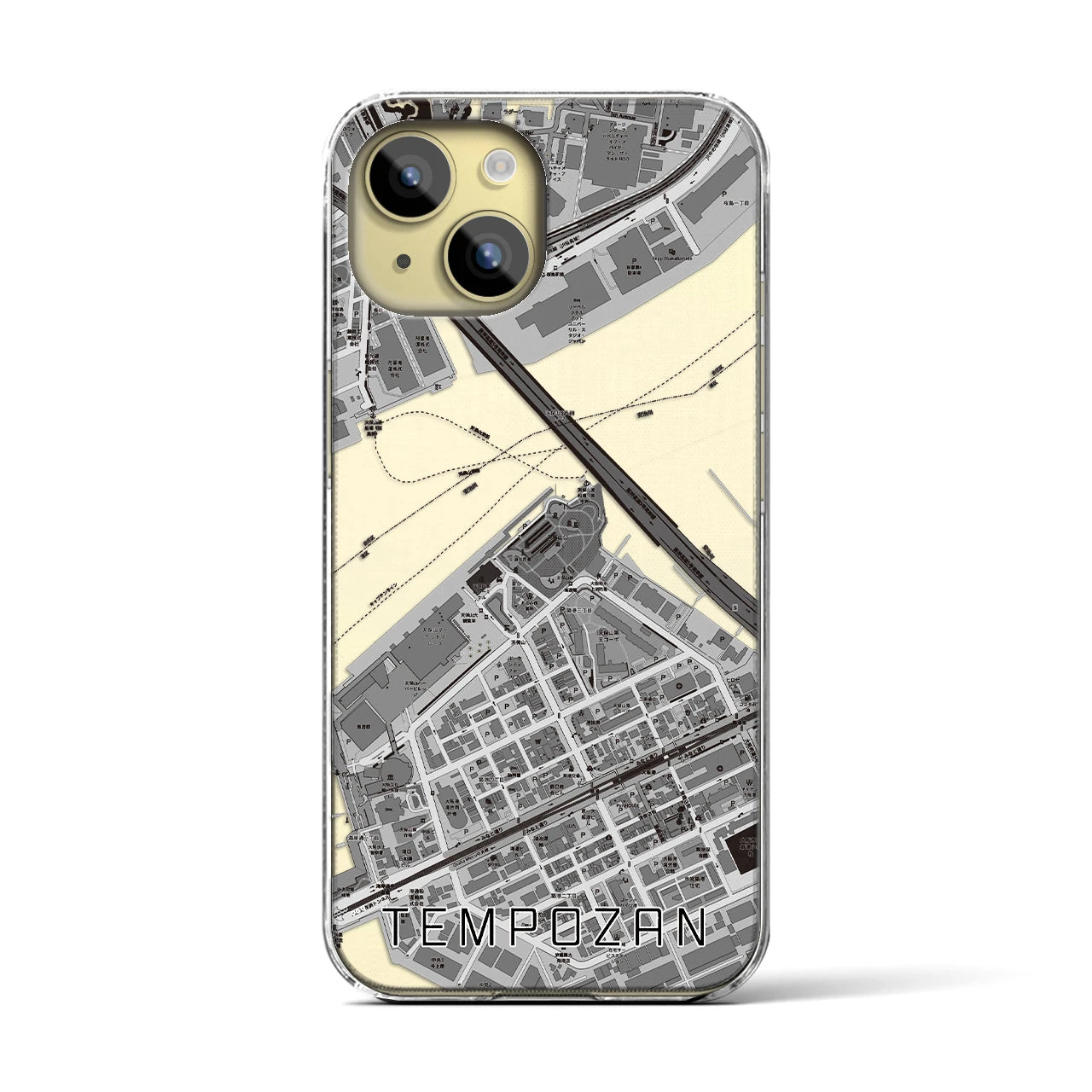 【天保山(大阪府)】地図柄iPhoneケース(クリアタイプ)モノトーン・iPhone 15 用