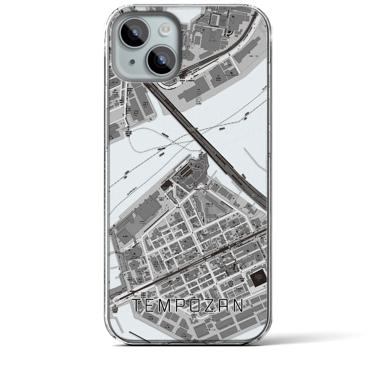 【天保山(大阪府)】地図柄iPhoneケース(クリアタイプ)モノトーン・iPhone 15 Plus 用